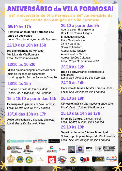 Programação do aniversário do bairro de Vila Formosa